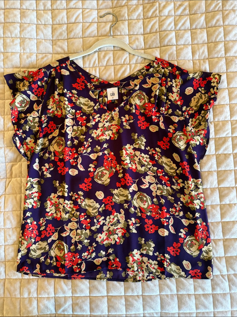 CAbi Navy Purple Floral V-Neck Flutter Sleeve Top